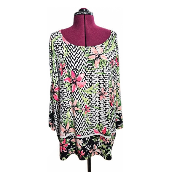 Tropical Tunic Black and Pink Floral Blouse Top - Picture 1 of 14